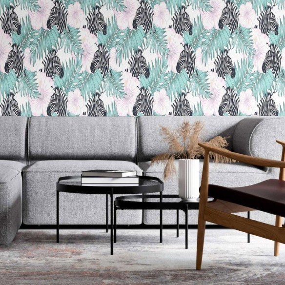 Papel de Parede Adesivo Zebras Folhas e Papoulas N09008