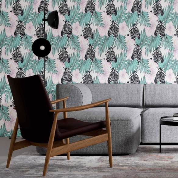 Papel de Parede Adesivo Zebras Folhas e Papoulas N09008