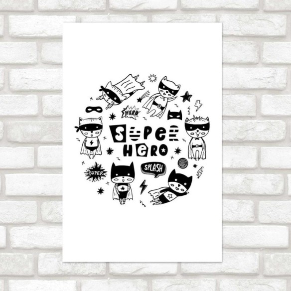 Poster Decorativo Animais Heróis Infantil Preto e Branco N07272