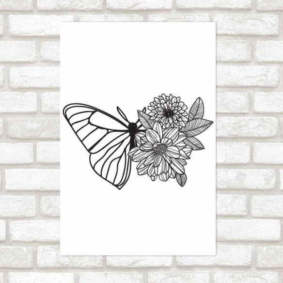 Poster Decorativo Borboleta E Flores Monocromático N09234