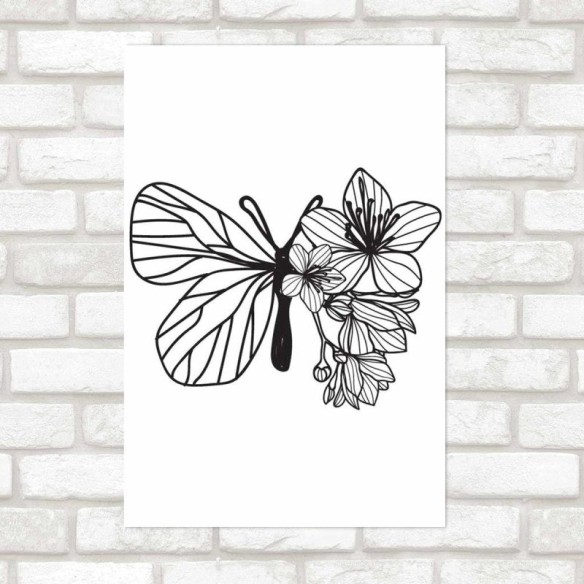 Poster Decorativo Borboleta E Flores Preto E Branco N09235