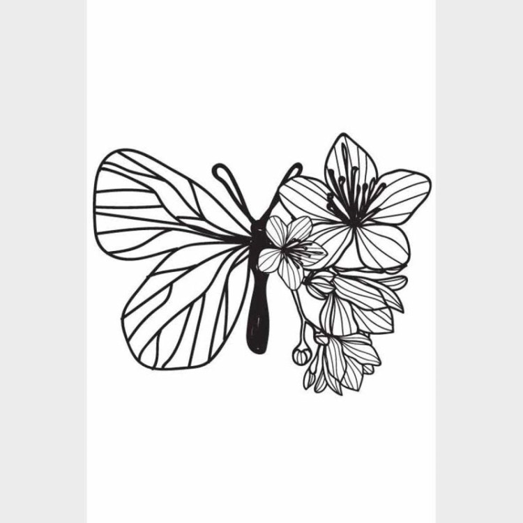 Poster Decorativo Borboleta E Flores Preto E...