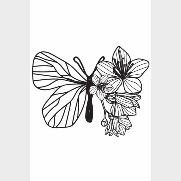 Poster Decorativo Borboleta E Flores Preto E Branco N09235