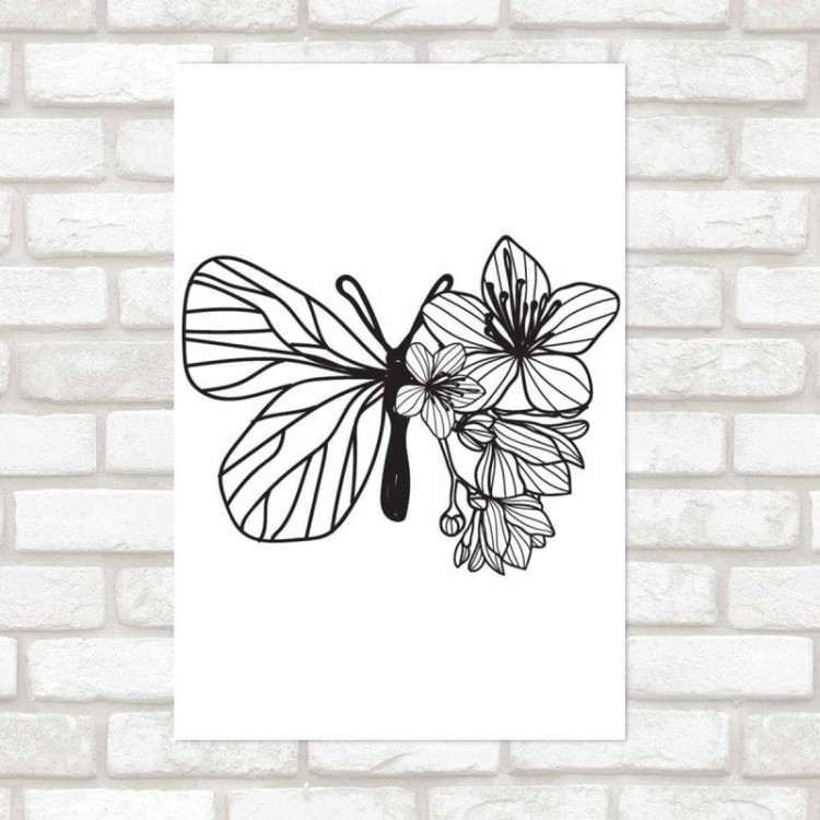 Poster Decorativo Borboleta E Flores Preto E...
