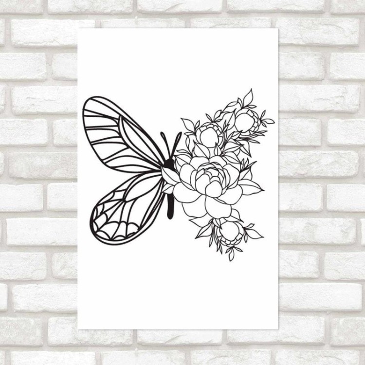 Poster Decorativo Borboleta E Rosas Preto E...