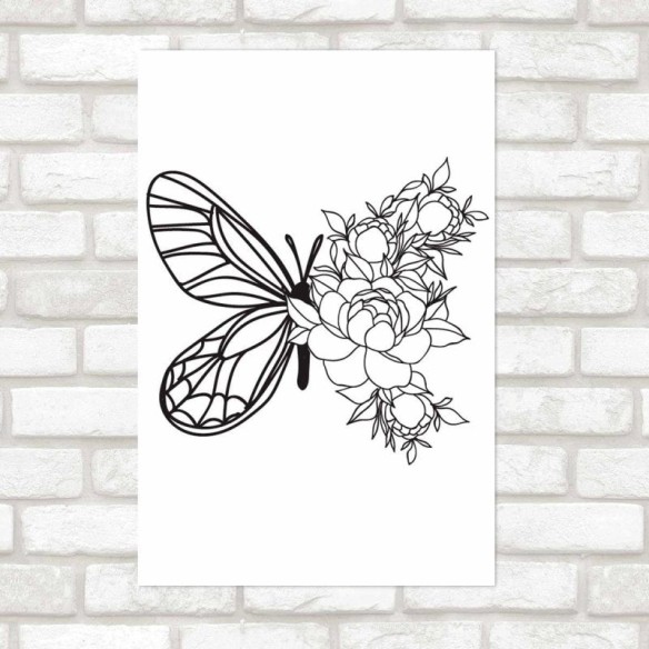 Poster Decorativo Borboleta E Rosas Preto E Branco N09237
