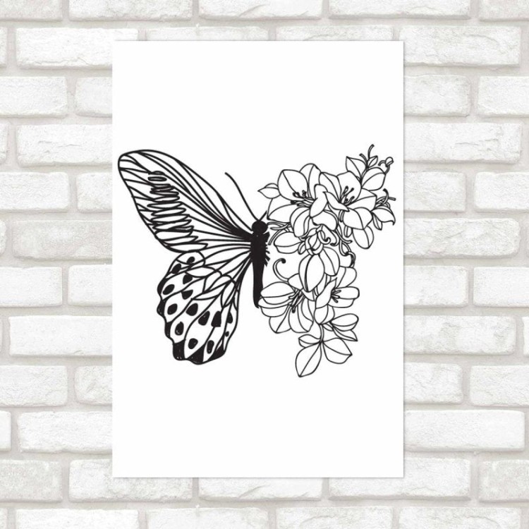 Poster Decorativo Borboleta Flores Preto E...