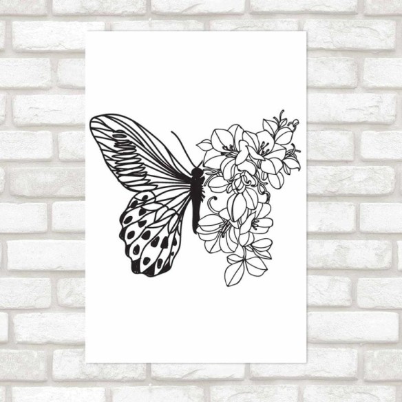 Poster Decorativo Borboleta Flores Preto E Branco N09236