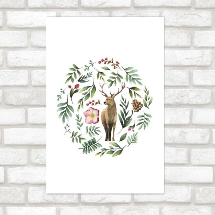 Poster Decorativo Cervo Folhas e Pinha N07248