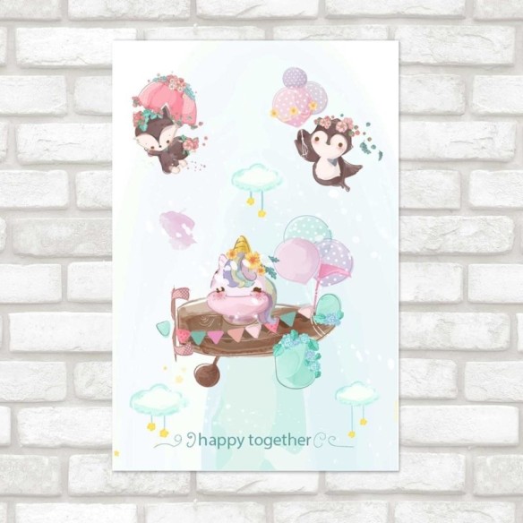 Poster Decorativo Infantil Unicórnio Balões Coloridos N07200