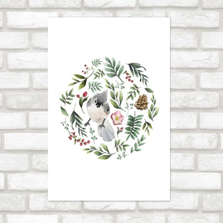 Poster Decorativo Pássaro Folhas e Pinha N07247