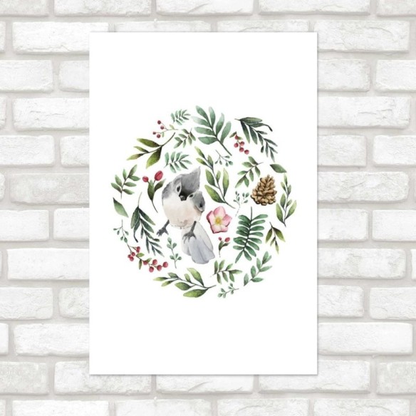Poster Decorativo Pássaro Folhas e Pinha N07247