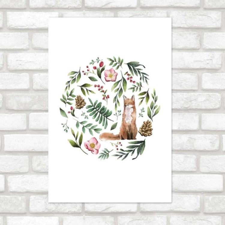Poster Decorativo Raposa Folhas e Pinha N07249