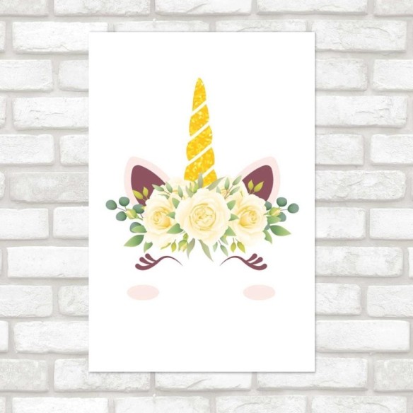 Poster Decorativo Unicórnio Minimalista com Coroa de Flores N07203