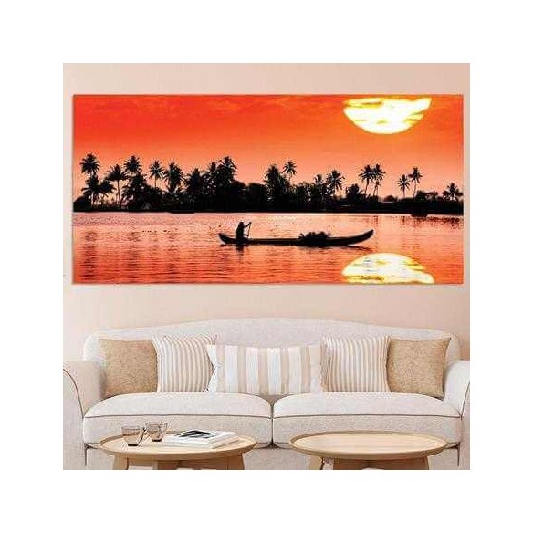 Painel Fotográfico Silhueta Barco e Pescador no Por do Sol
