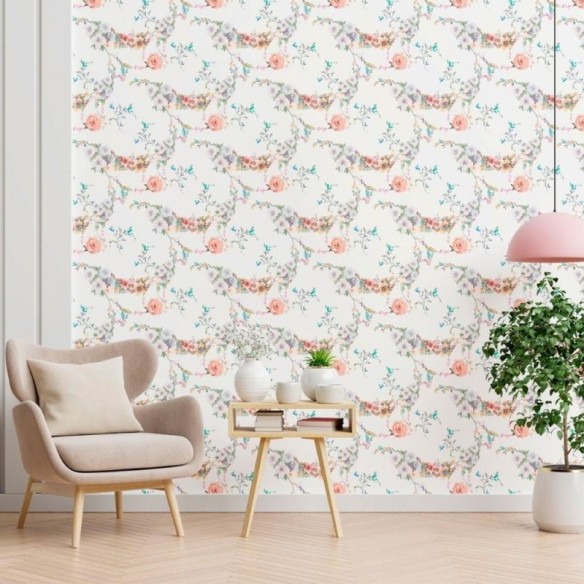 Papel de Parede Adesivo Aquarela Flores e Folhas N012148