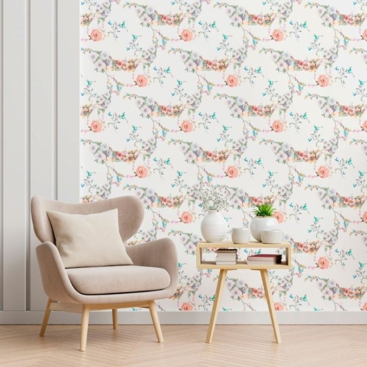 Papel de Parede Adesivo Aquarela Flores e...