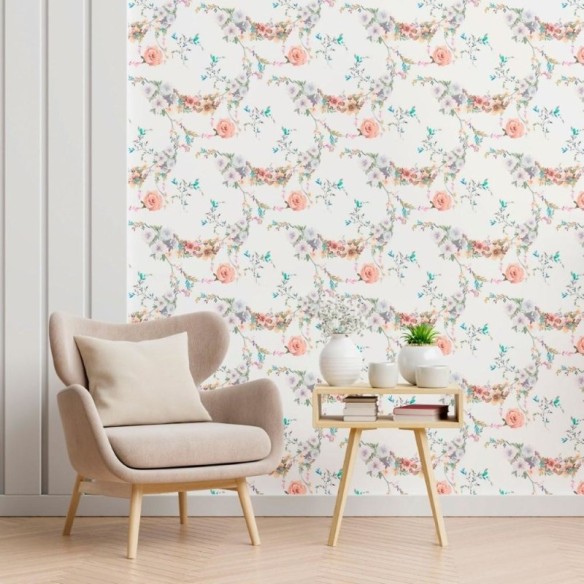 Papel de Parede Adesivo Aquarela Flores e Folhas N012148