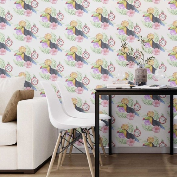Papel de Parede Adesivo Aquarela Tucano Frutas e Flores N07072