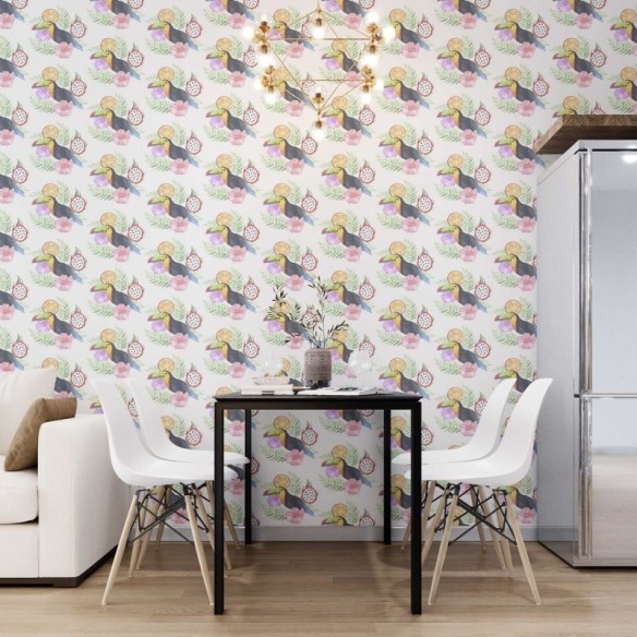 Papel de Parede Adesivo Aquarela Tucano Frutas e Flores N07072