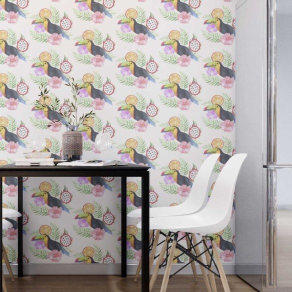 Papel de Parede Adesivo Aquarela Tucano Frutas e Flores N07072