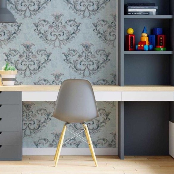 Papel de Parede Adesivo Arabesco Azule Cinza N06189