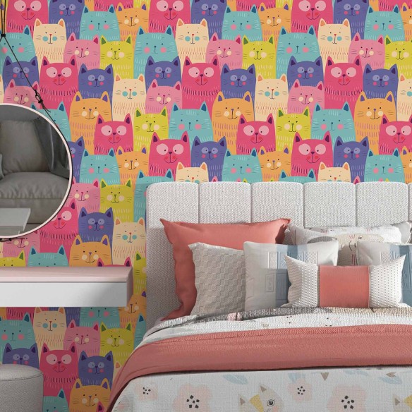 Papel de Parede Adesivo Gatos Coloridos Infantil 5369