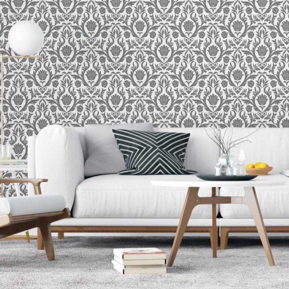 Papel de Parede Adesivo Arabesco Cinza Folha e Flor N04153