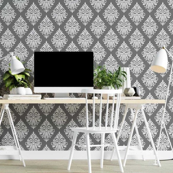 Papel de Parede Adesivo Arabesco Cinza Folhas N04156