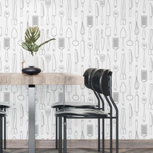 Papel de Parede Adesivo cozinha ambiente Preto e Branco N04070