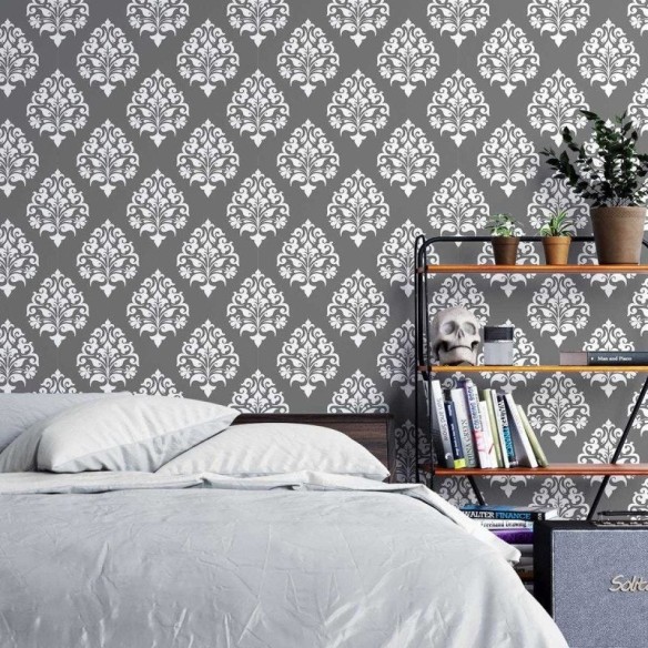 Papel de Parede Adesivo Arabesco Cinza Folhas N04157
