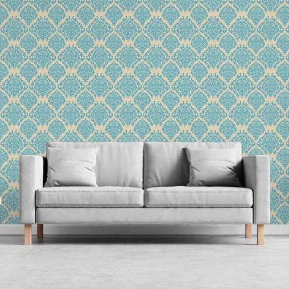 Papel de Parede Adesivo Arabesco Clássico Azul e Bege N06058