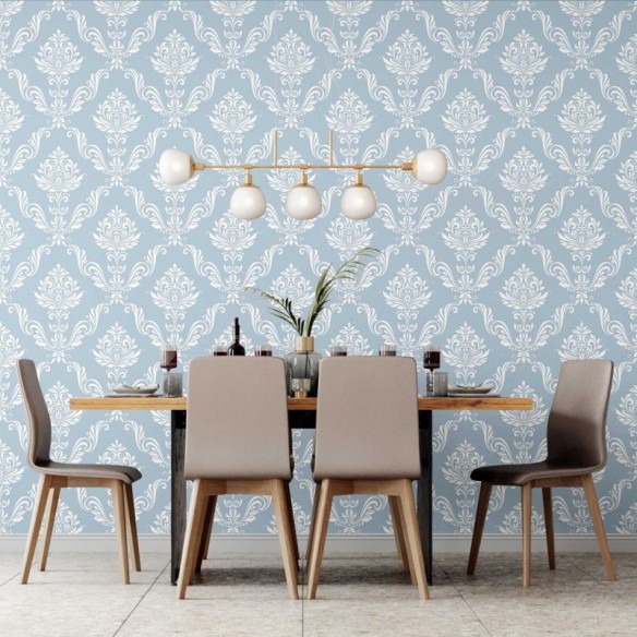 Papel de Parede Adesivo Arabesco Clássico Azul e Branco N07074