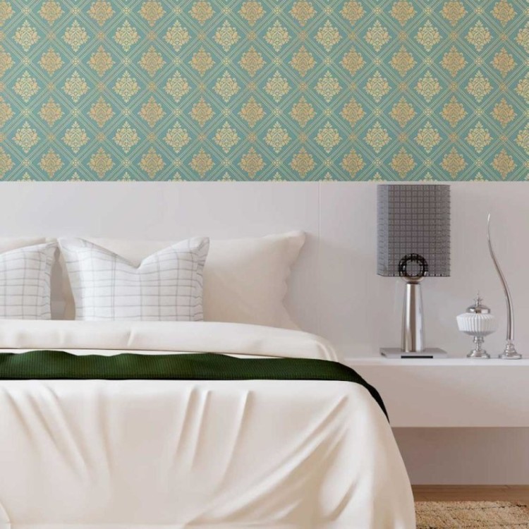 Papel de Parede Adesivo Arabesco Dourado e azul...