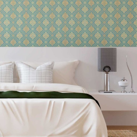 Papel de Parede Adesivo Arabesco Dourado e azul N08108