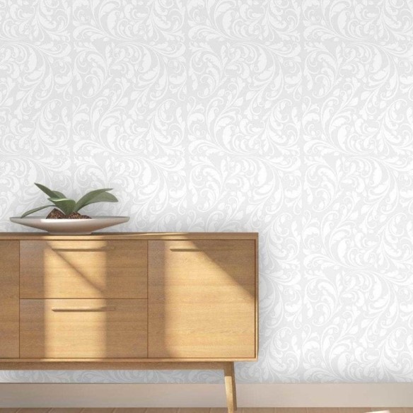 Papel de Parede Adesivo Arabesco Folhas Branco 708501582