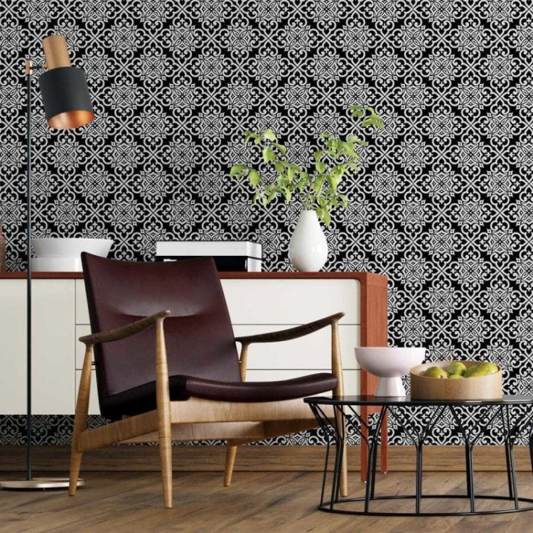 Papel de Parede Adesivo Arabesco Preto e Branco...