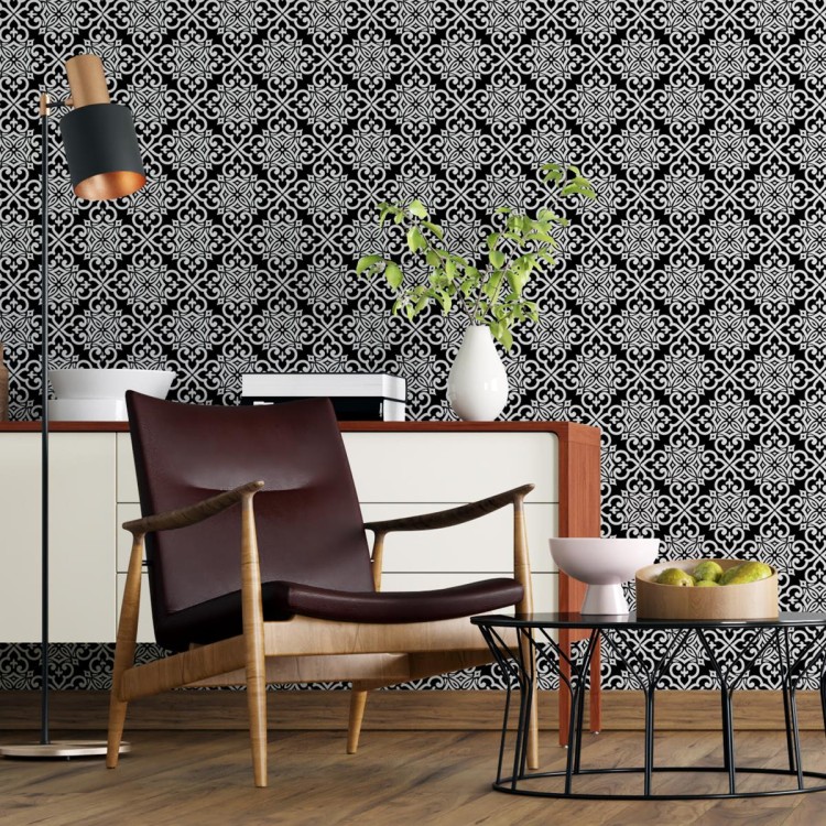 Papel de Parede Adesivo Arabesco Preto e Branco...