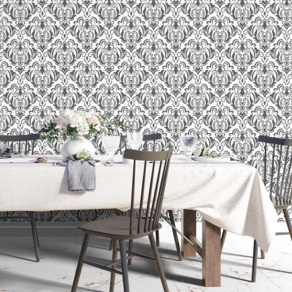 Papel de Parede Adesivo Arabesco Preto e Branco Retrô N04150