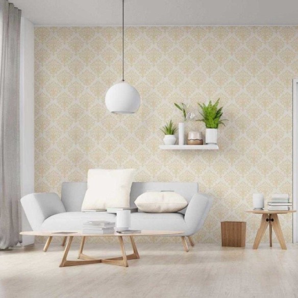 Papel de Parede Adesivo Arabescos em Amarelo e Branco N06101