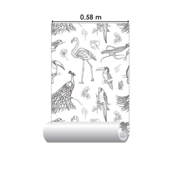 Papel de Parede Adesivo Aves Tropicais em Preto e Branco N07054
