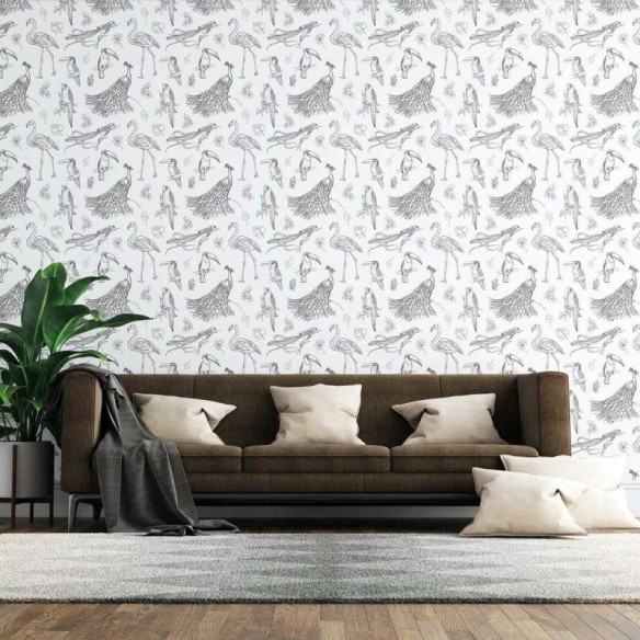Papel de Parede Adesivo Aves Tropicais em Preto e Branco N07054