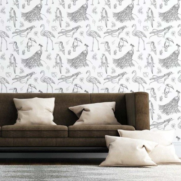 Papel de Parede Adesivo Aves Tropicais em Preto e Branco N07054