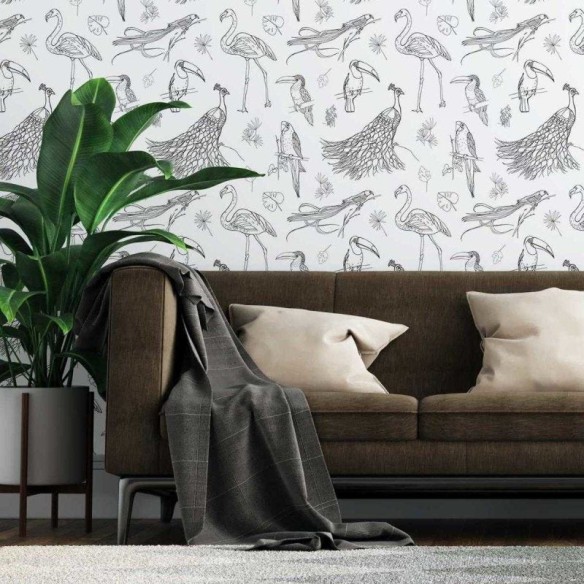 Papel de Parede Adesivo Aves Tropicais em Preto e Branco N07054