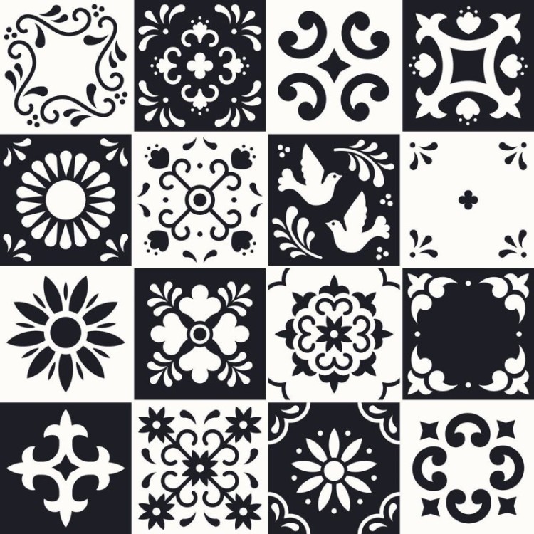 Papel de Parede Adesivo Azulejaria em Preto e...