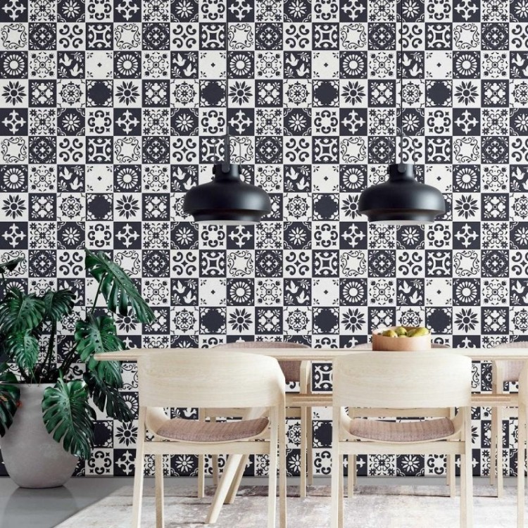 Papel de Parede Adesivo Azulejaria em Preto e...