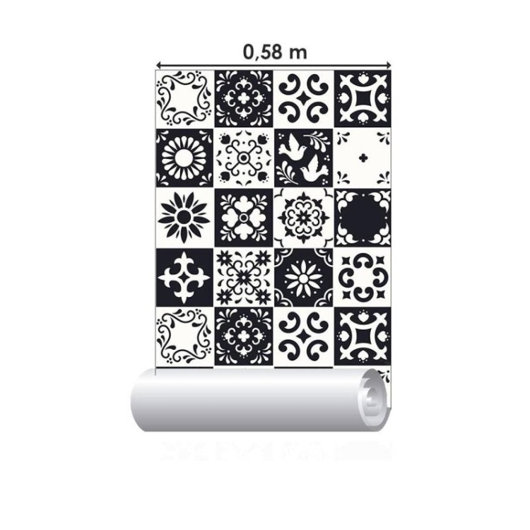 Papel de Parede Adesivo Azulejaria em Preto e...