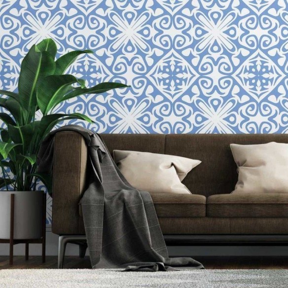 Papel de Parede Adesivo Azulejo Abstrato Azul e Branco N07108