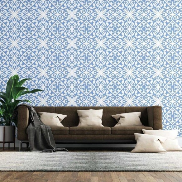 Papel de Parede Adesivo Azulejo Abstrato Azul e Branco N07108