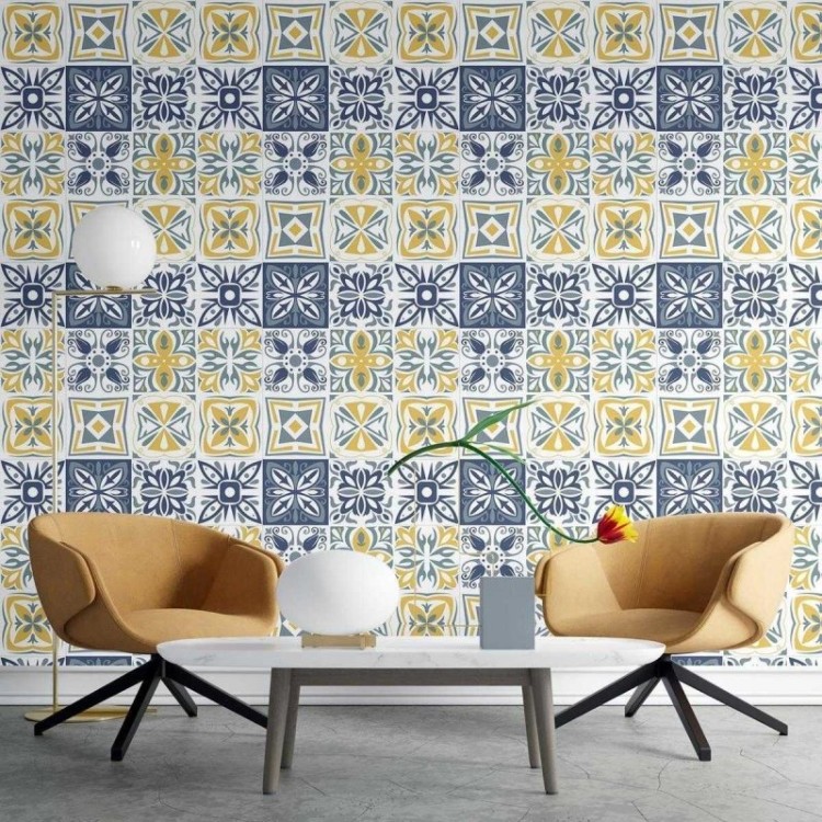 Papel de Parede Adesivo Azulejo Azul e Amarelo...